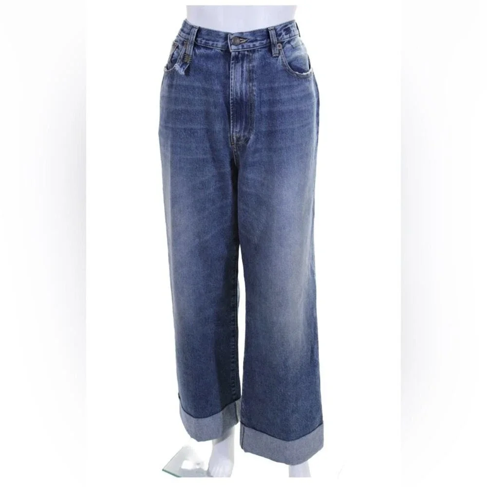R13 Cuffed Lisa Baggy Jeans in Bain Blue Size 31